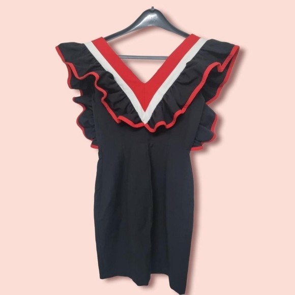 Msgm black/red/white v neck frilly bodycon dressIT 40 UK 12. - Picture 2 of 4
